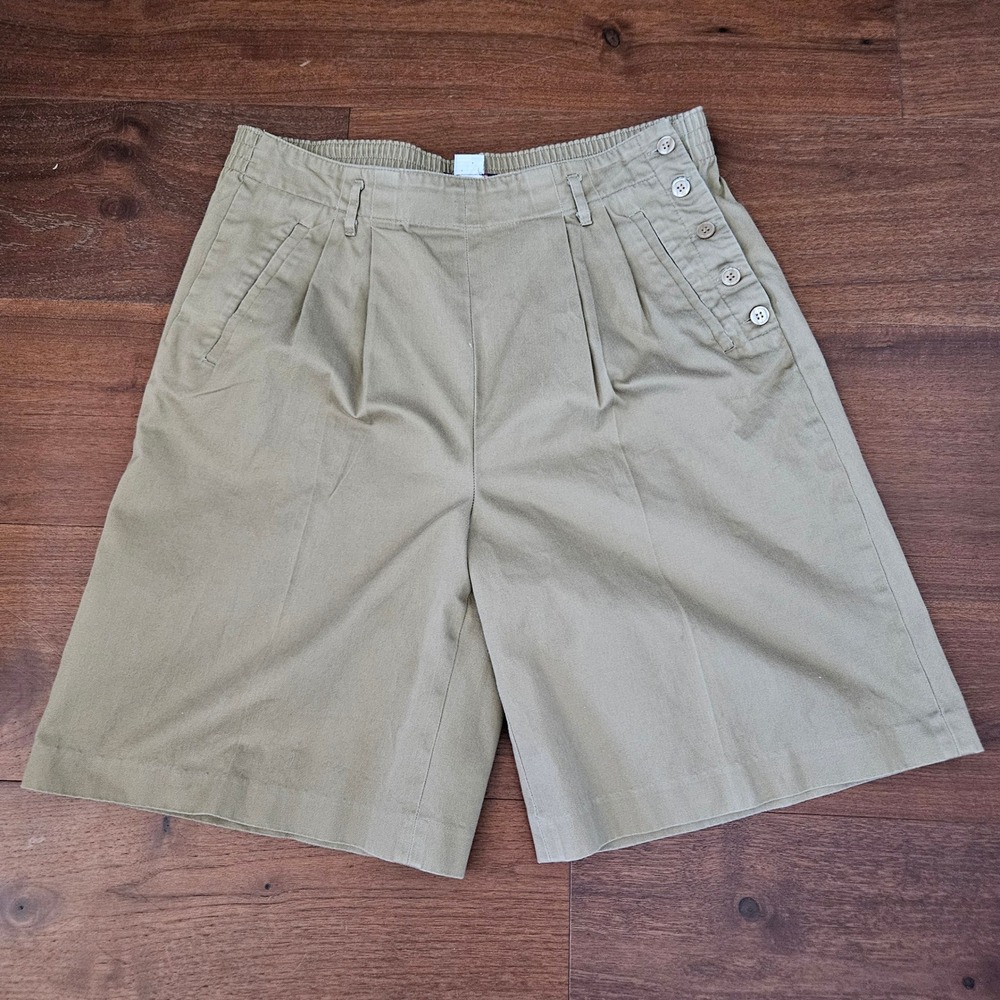 Hathaway Vtg Khaki Pleated Shorts Womens 10 High Waist Cotton Tan Side Button